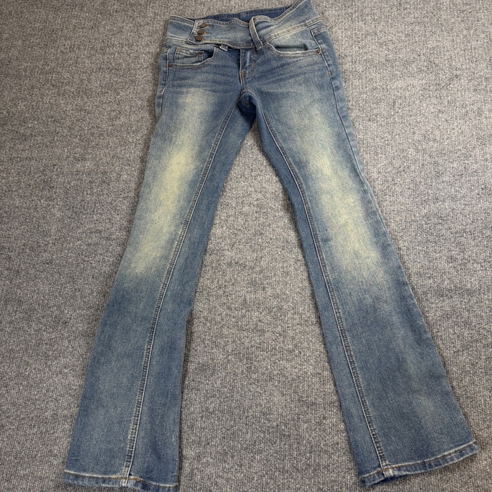 Simple Society High Waisted‎ Flare Jeans Medium Wash Seam Front Size 00/23 - Picture 3 of 13